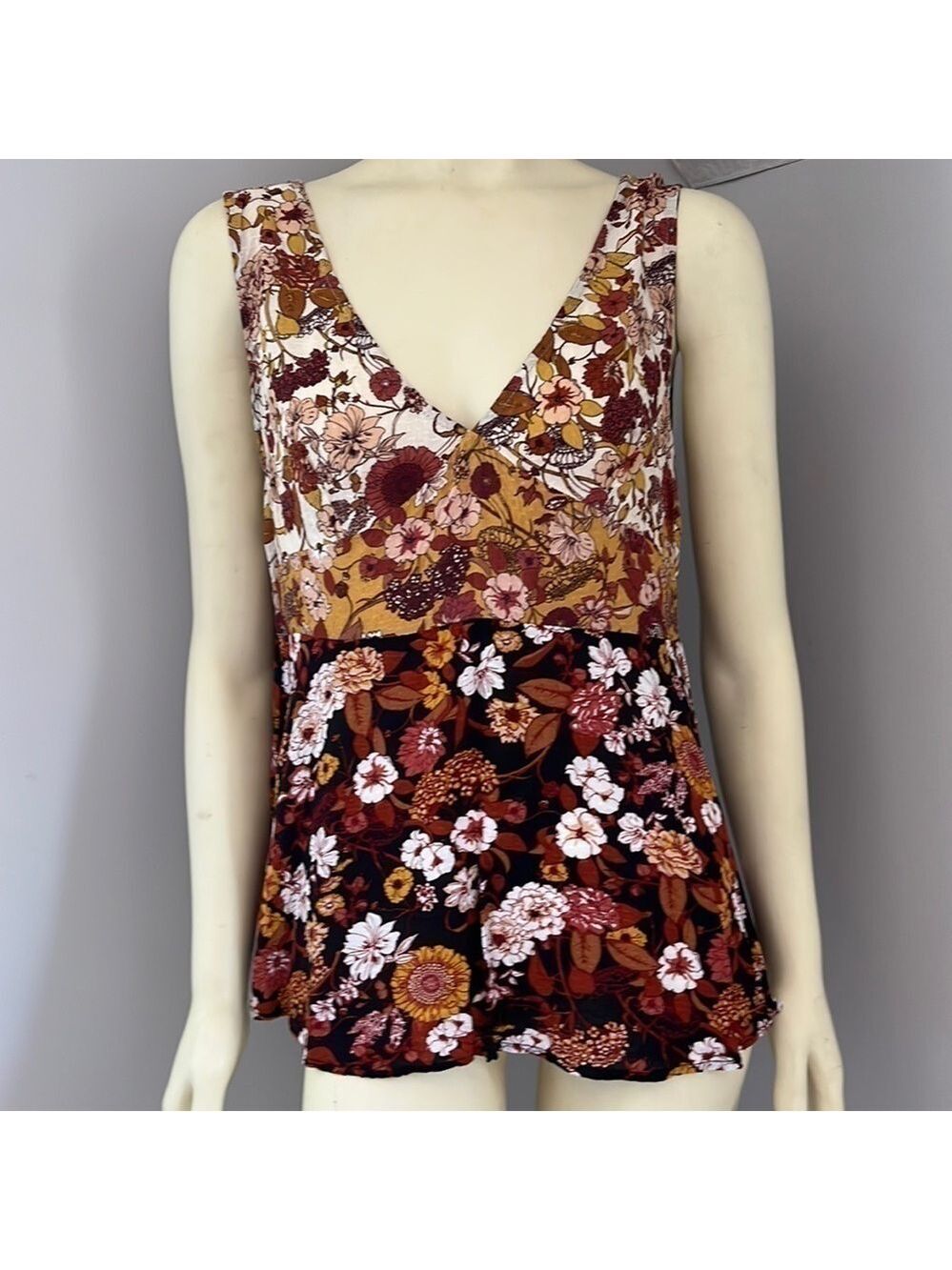 MAUNCES Women’s V-Neck Floral Sleeveless Boho Tank Top Blouse Brown Pink L